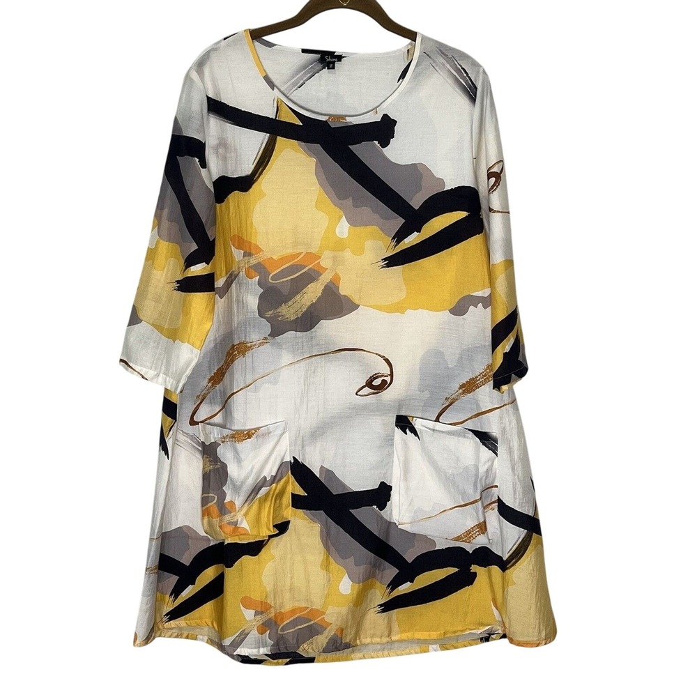 Shana Dress Women's Medium Yellow Wearable Art Long Line Tunic Artsy Pockets